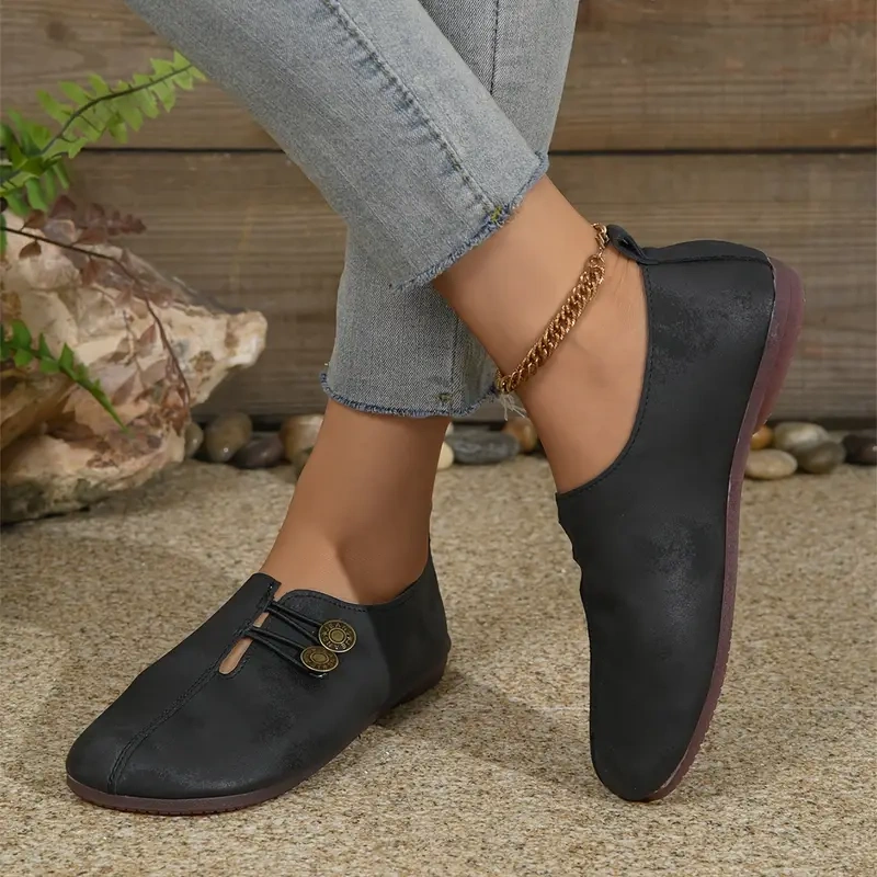 Sapatos femininos elegantes e baixos com sola macia, bico redondo e fivela