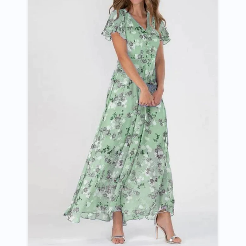💐 Vestido longo Leight com estampa floral e mangas curtas