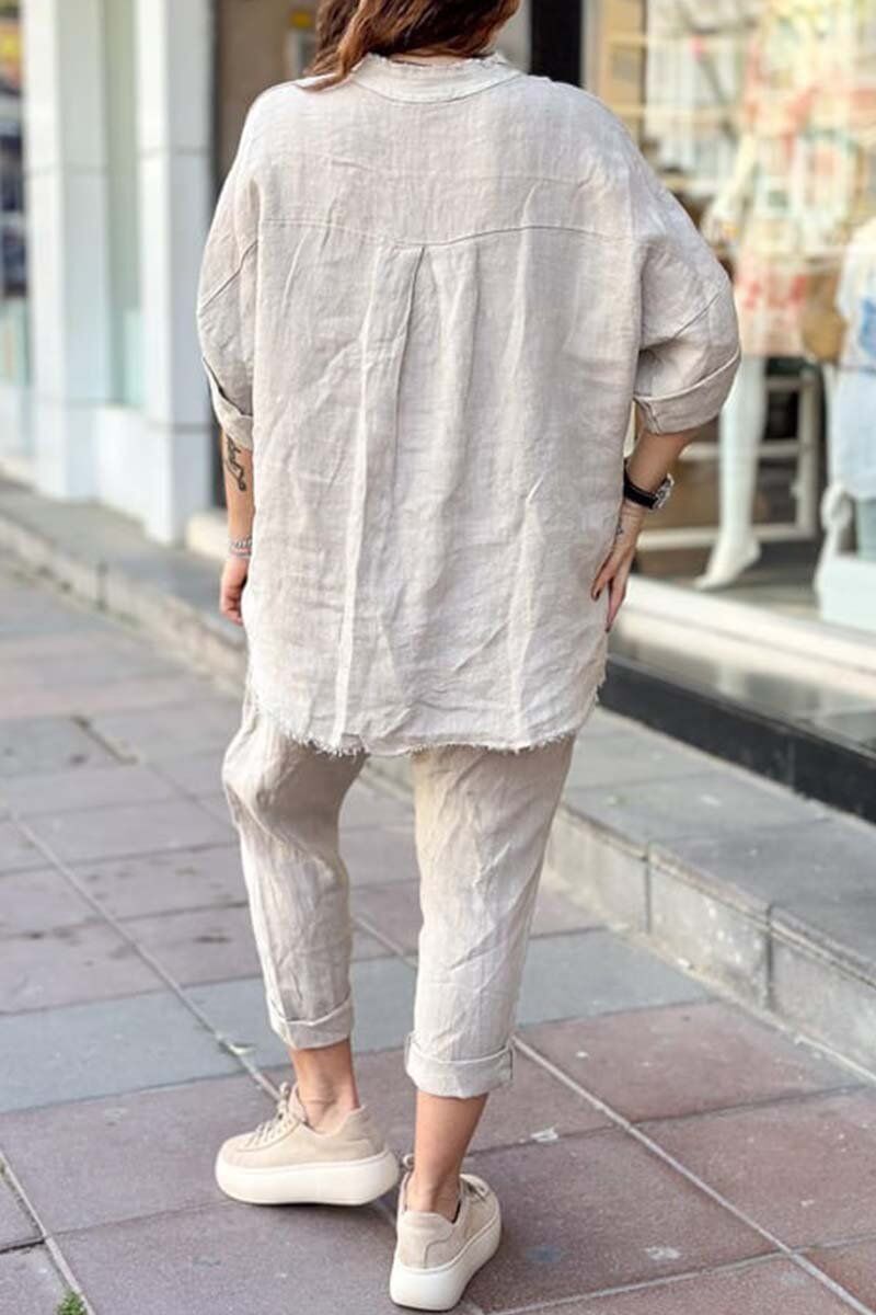 Conjunto blusa + calça dia feminino em algodão e linho