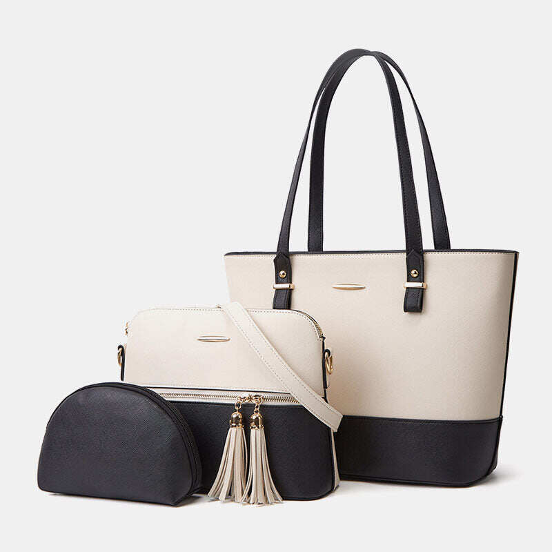 Bolsa feminina patchwork de 3 peças com franjas de alta capacidade