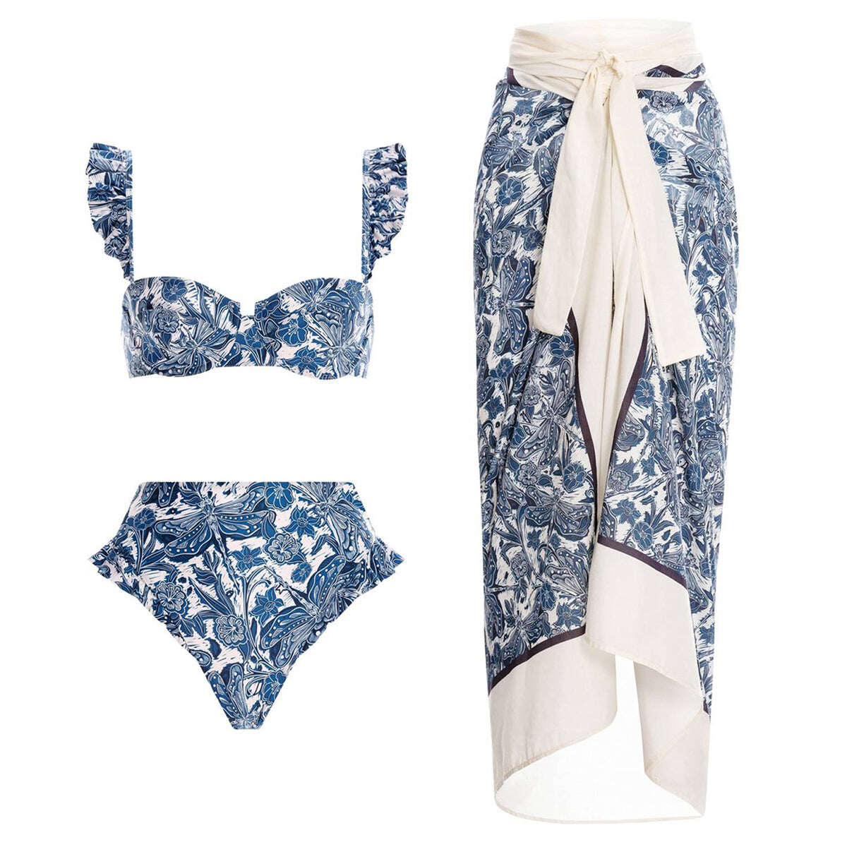 2025 New Blue Dragonfly Printed Swimsuit and Sarong