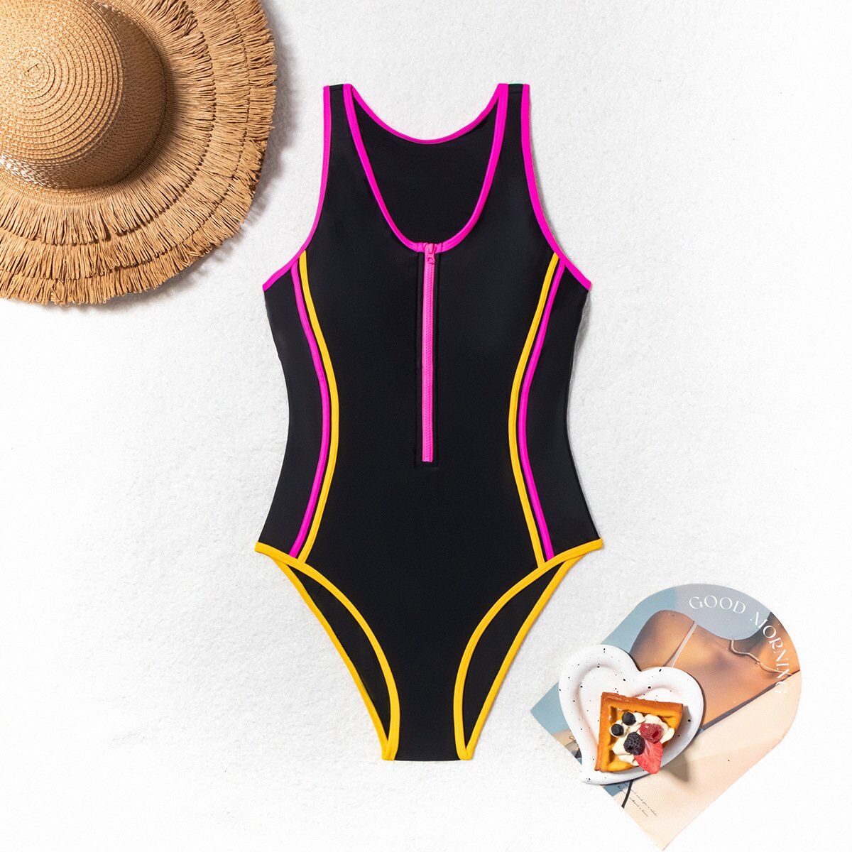 2025 New Black color-blocked zip-up swimsuit