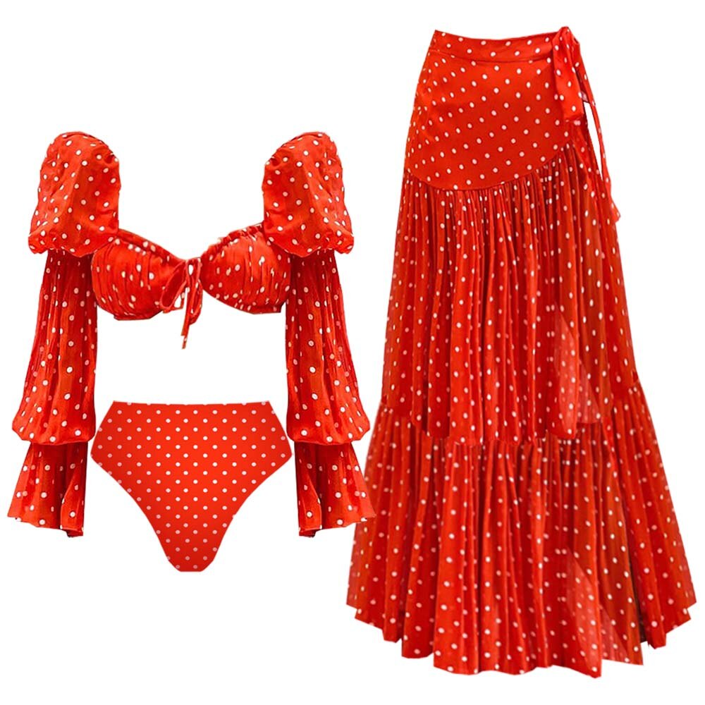 2025 New Lone Sleeve Red Polka Dots Bikini Swimsuit and Skirt