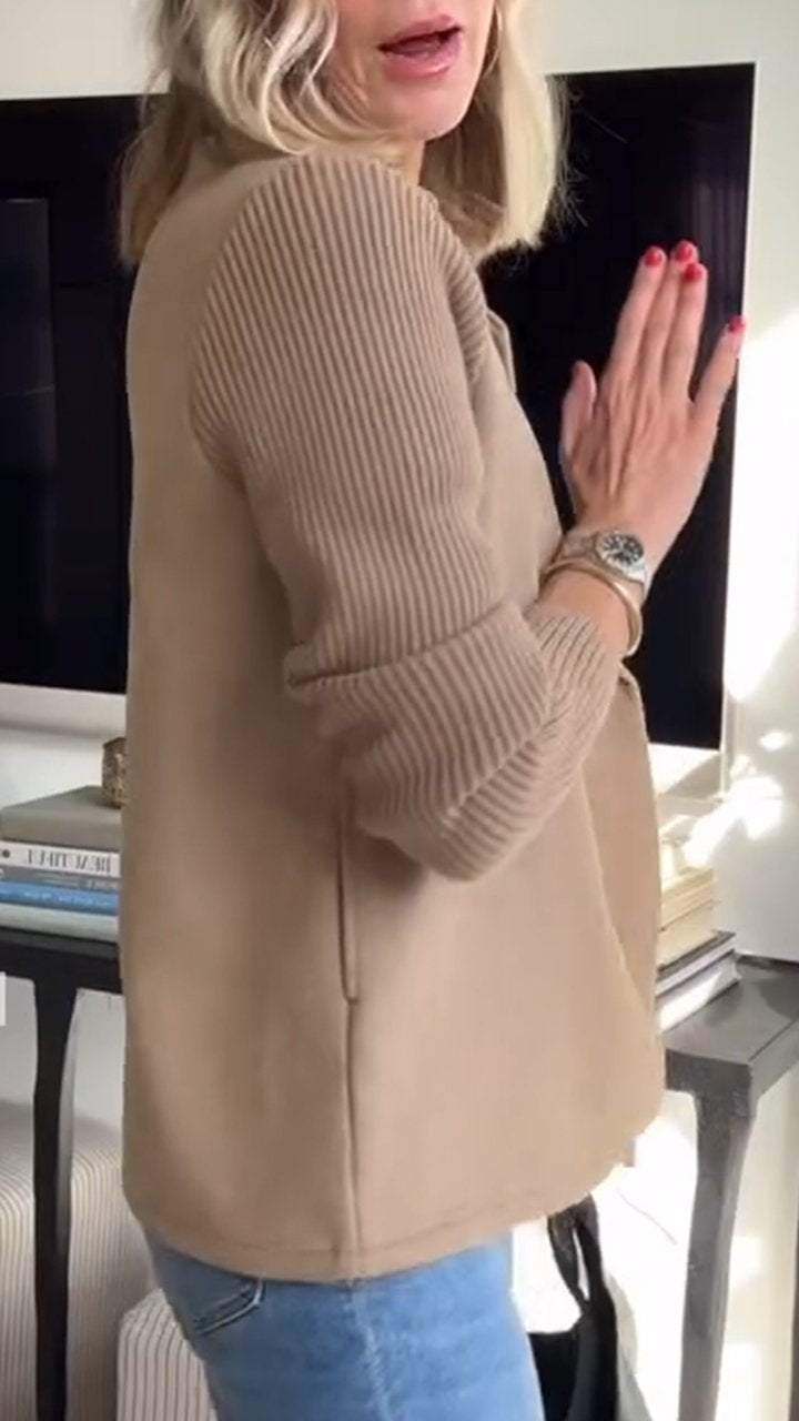 Casaco casual de mulher com botão de lapela e manga tricotada