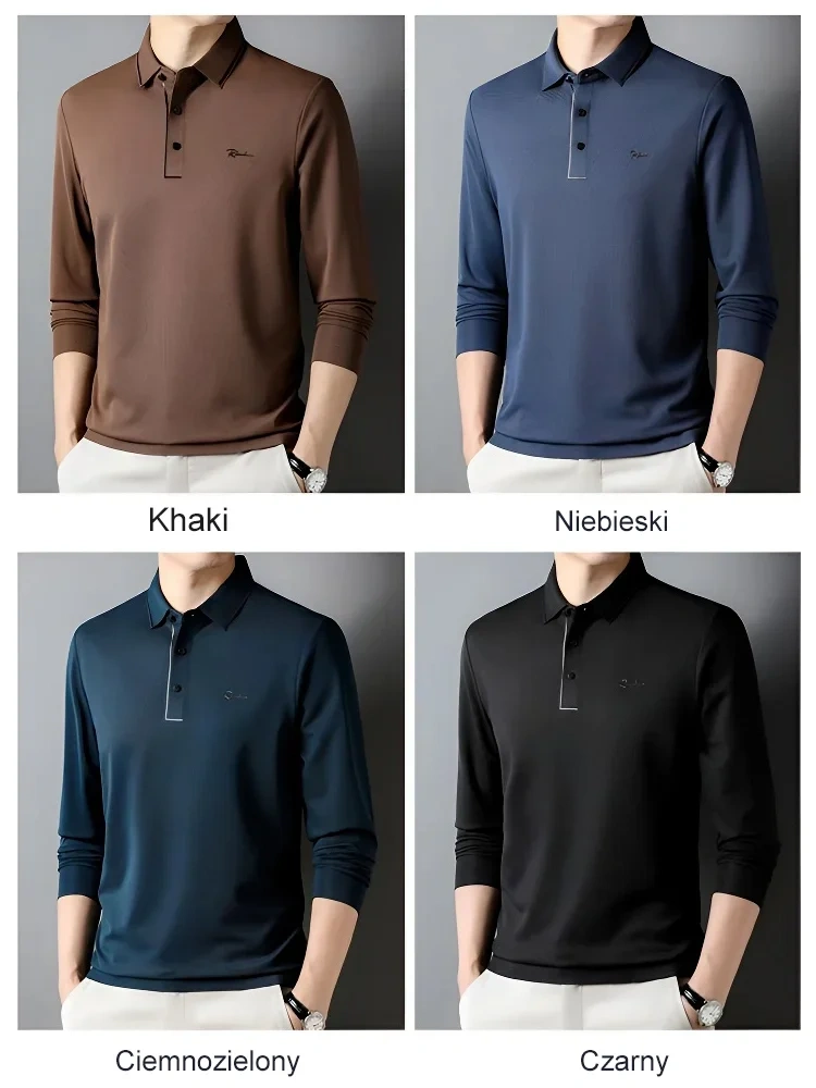 Nova camisa pólo empresarial e casual com mangas compridas e lapelas