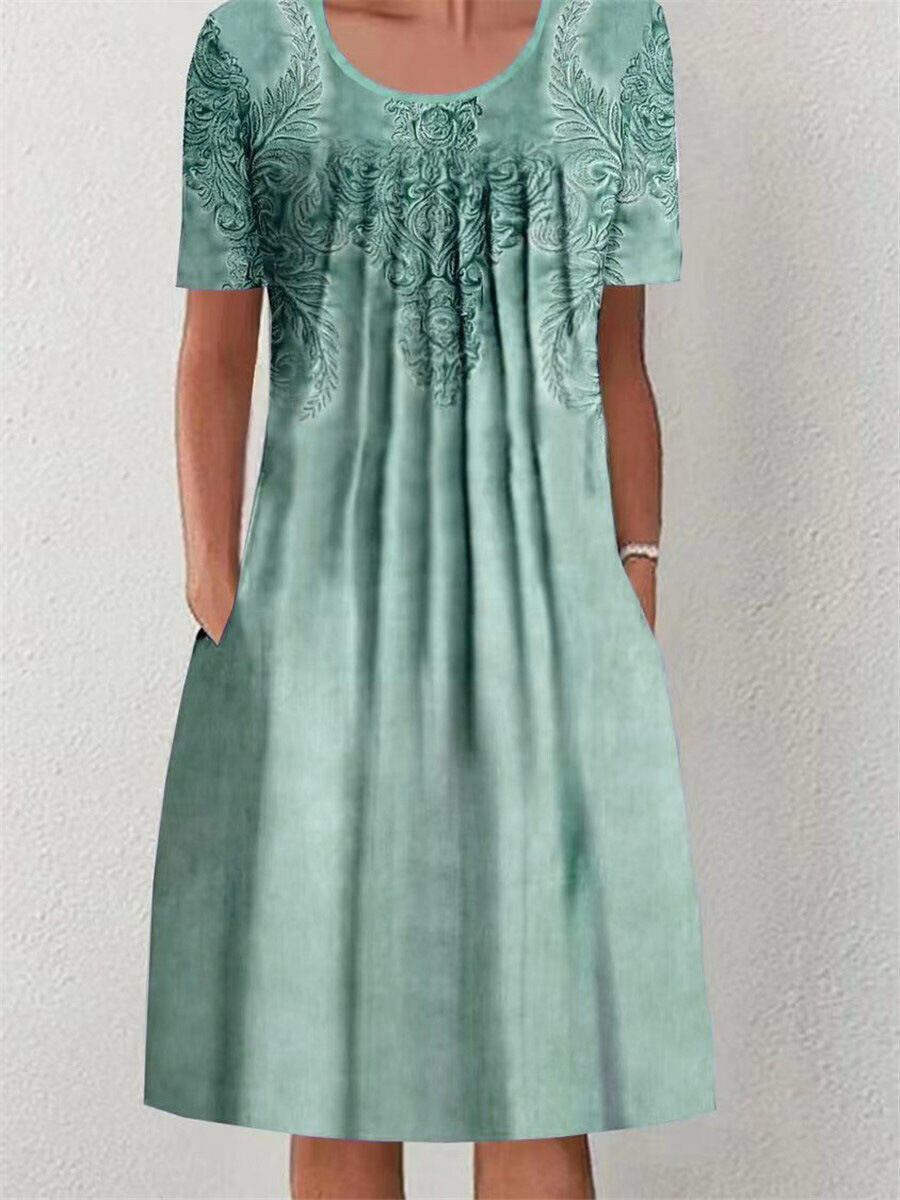 Vestido midi feminino primavera e verão com gola redonda estampado floral e bolso