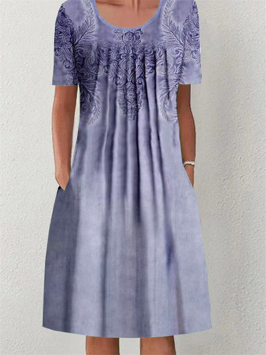 Vestido midi feminino primavera e verão com gola redonda estampado floral e bolso