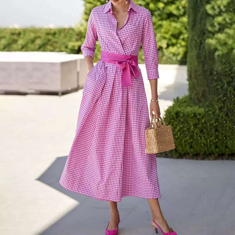 Мода 2022 кариран памук ленена рокля висока талия памук рокля с ревера