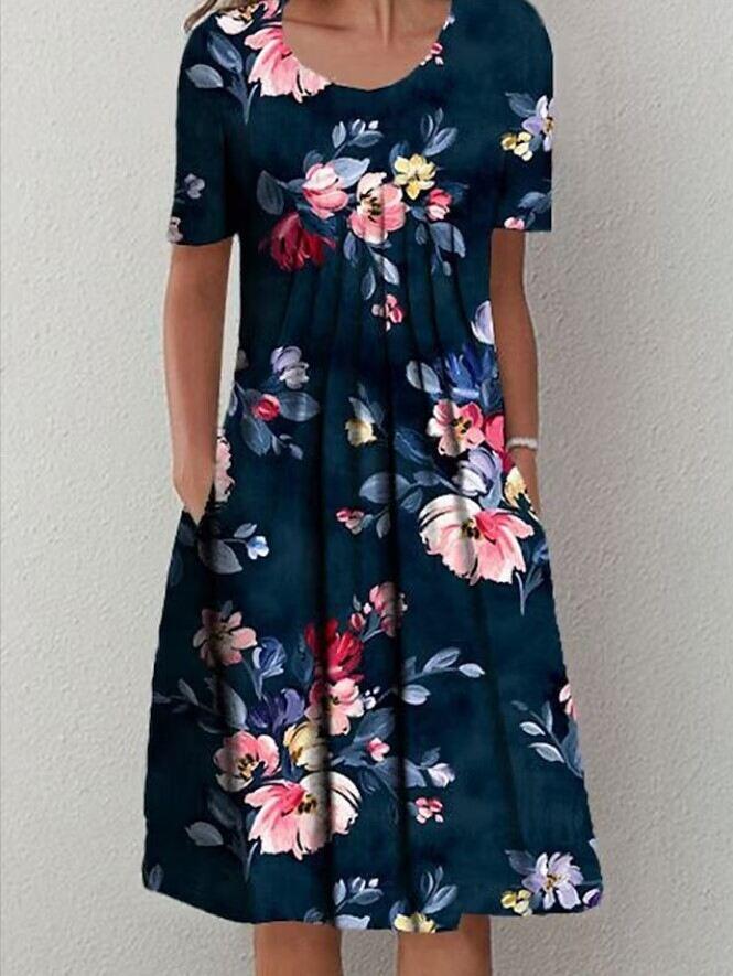 Vestido midi feminino primavera e verão com gola redonda estampado floral e bolso