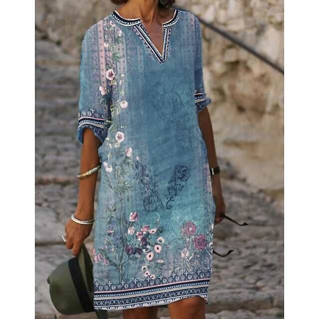 Vestido casual de meia manga com estampa floral de Outono de comprimento médio