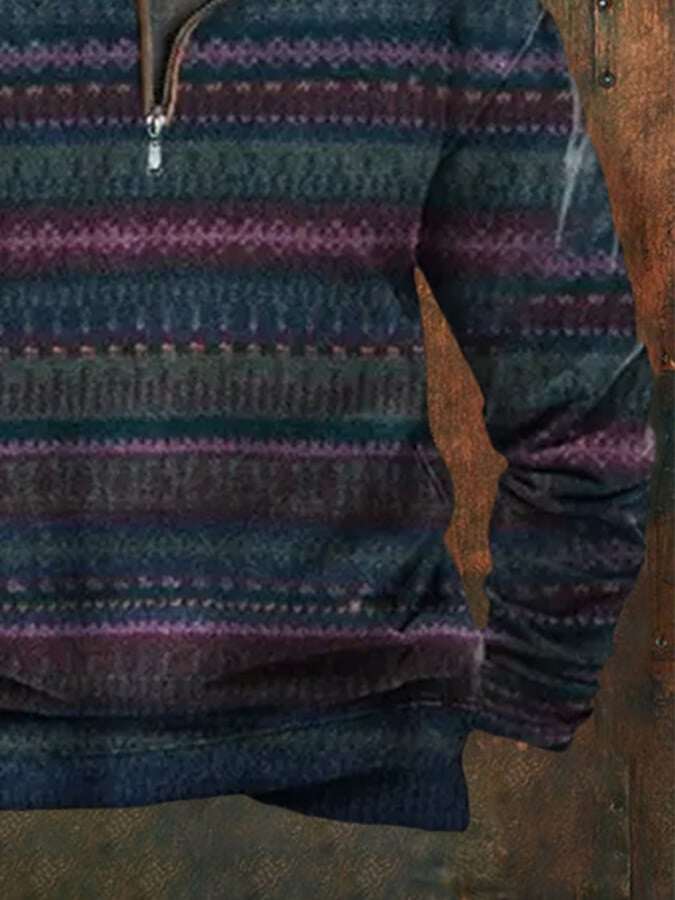 Moletom masculino com zíper e estampa vintage ocidental de pelúcia com gola alta