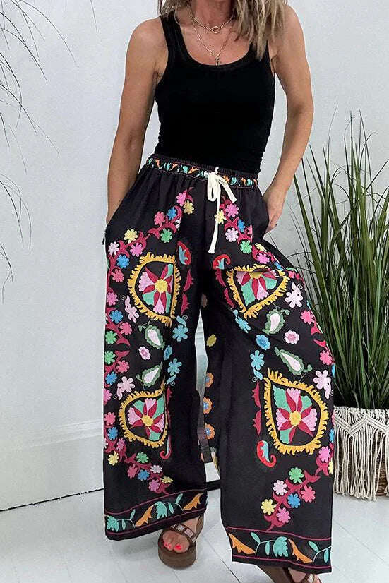 Hippie Floral Print Jeans Cintura Elástica Perna Larga