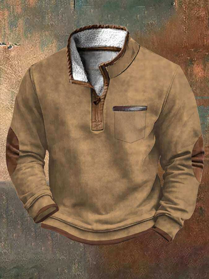 Moletom masculino vintage com patchwork ocidental e bolso com zíper