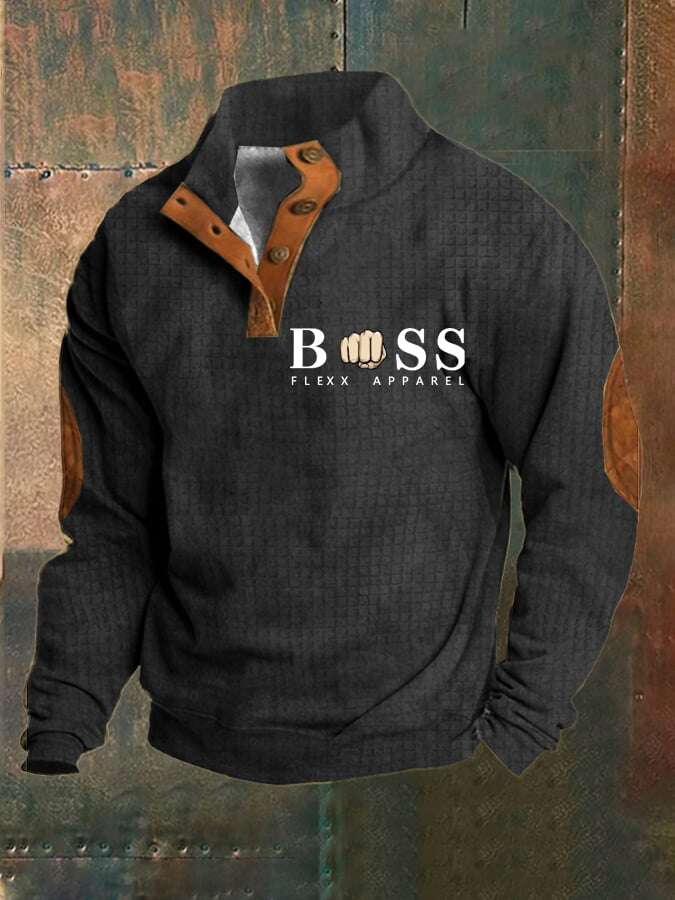 Sweatshirt de homem com estampado de letras vintage com colarinho e botão de verificação