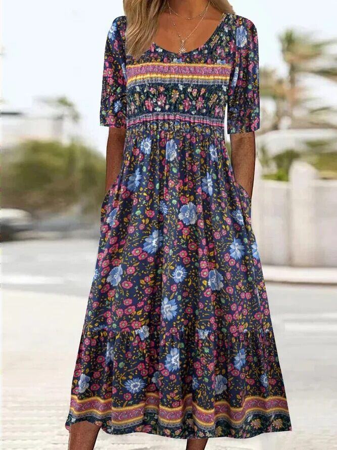[S-5XL]vestido estampado boêmio