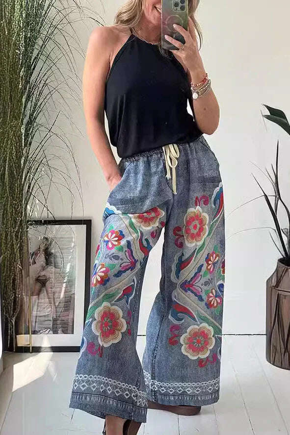 Hippie Floral Print Jeans Cintura Elástica Perna Larga