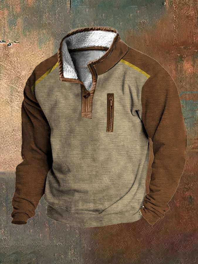 Męska bluza w stylu retro western z kołnierzykiem zapinanym na kryty zamek i stójką