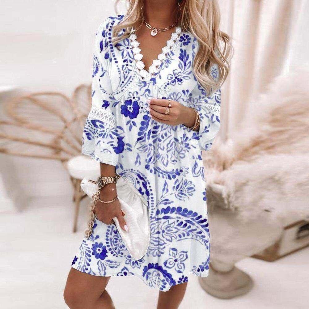 Novo vestido de verão com retalhos de renda estampado em algodão e linho