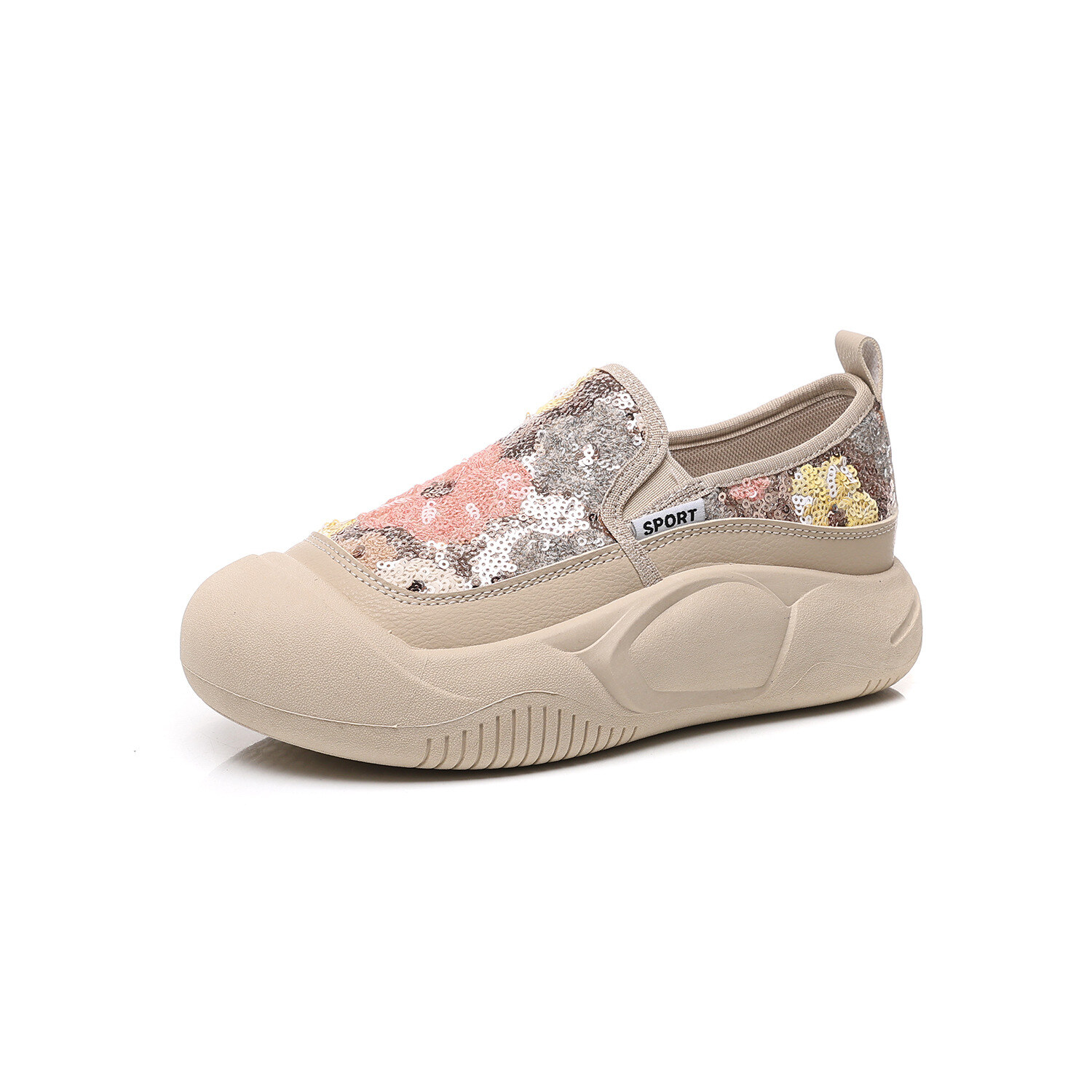 Mocassins de fundo grosso com lantejoulas e flores