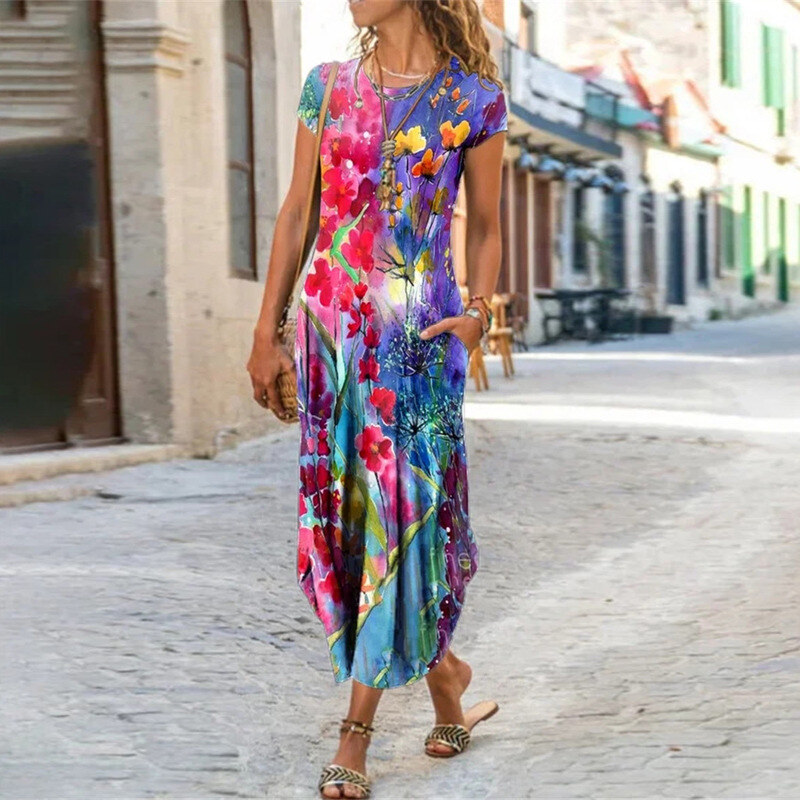 Primavera e verão novo estilo em torno do pescoço bolso manga curta vestido estampado na moda