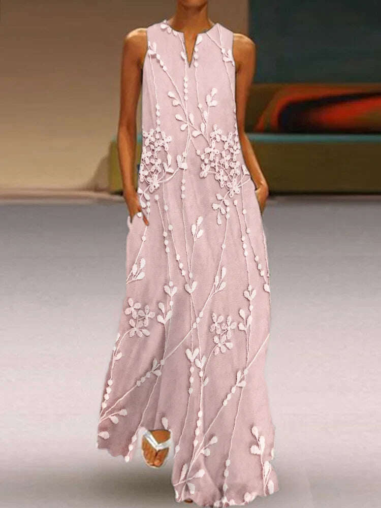 Vestido comprido elegante e fluído com renda bordada com flores