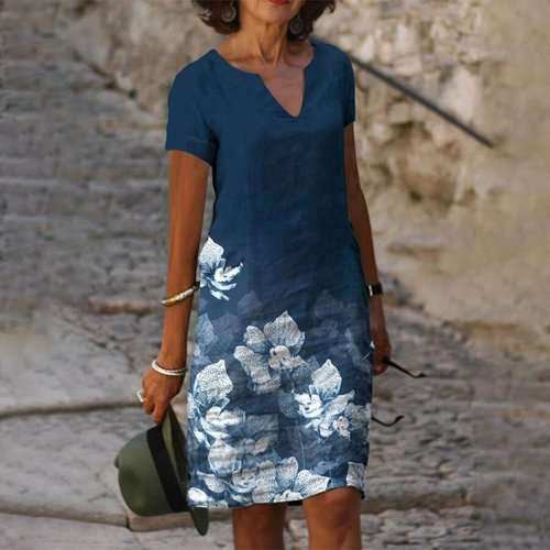 Nové středně dlouhé šaty s výstřihem do V pro rok 2022 s jarním a letním módním potiskem