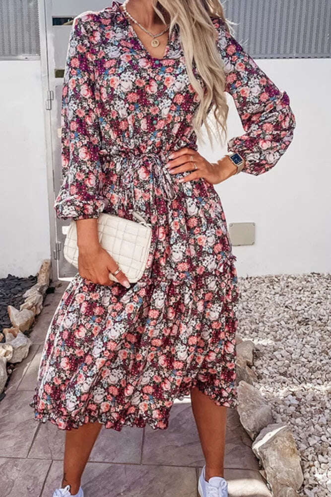 Plážové ležérní šaty s dlouhým rukávem s květinovým vzorem Boho