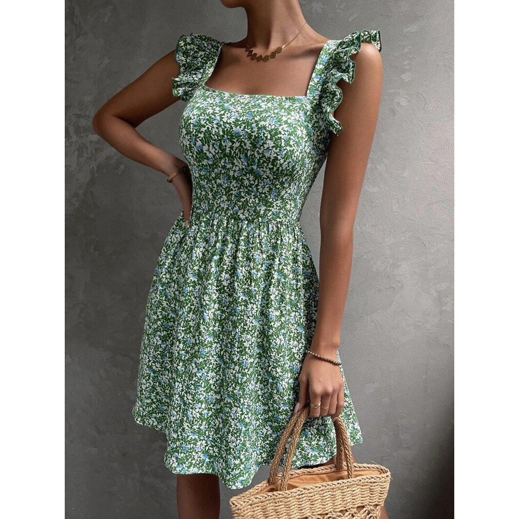 Vestido de primavera e verão com decote quadrado e babados nos ombros