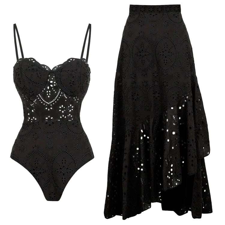👙Black one-piece swimsuit set with laser cut and hemstitch
