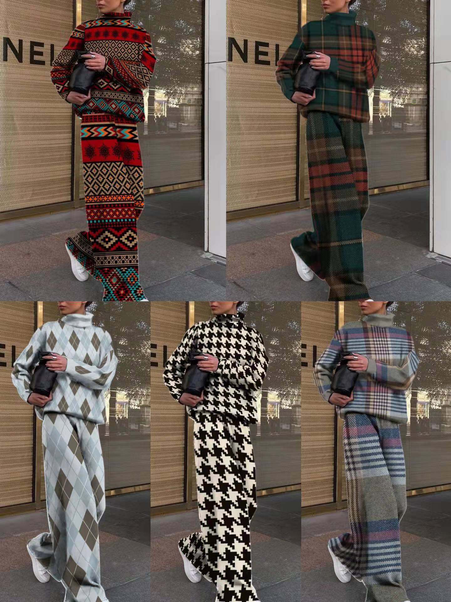 2023 roupas femininas europeias e americanas outono e inverno nova moda impressa solta calças de gola alta manga longa conjunto de duas peças