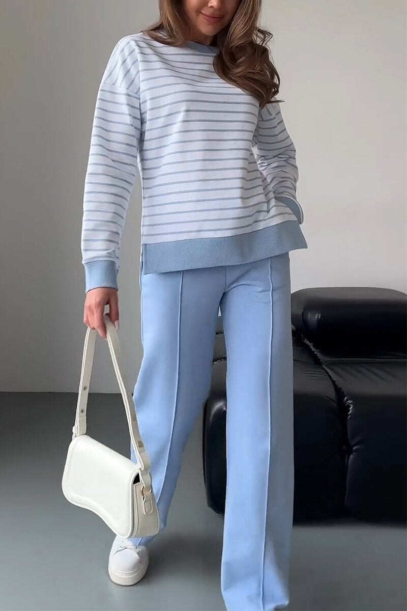 Terno feminino casual listrado com gola redonda e duas peças