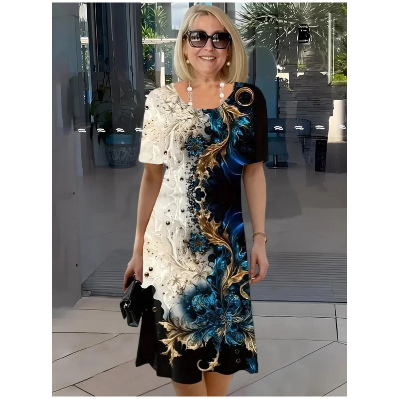 💖Elegancka sukienka z okrągłym dekoltem i nadrukiem