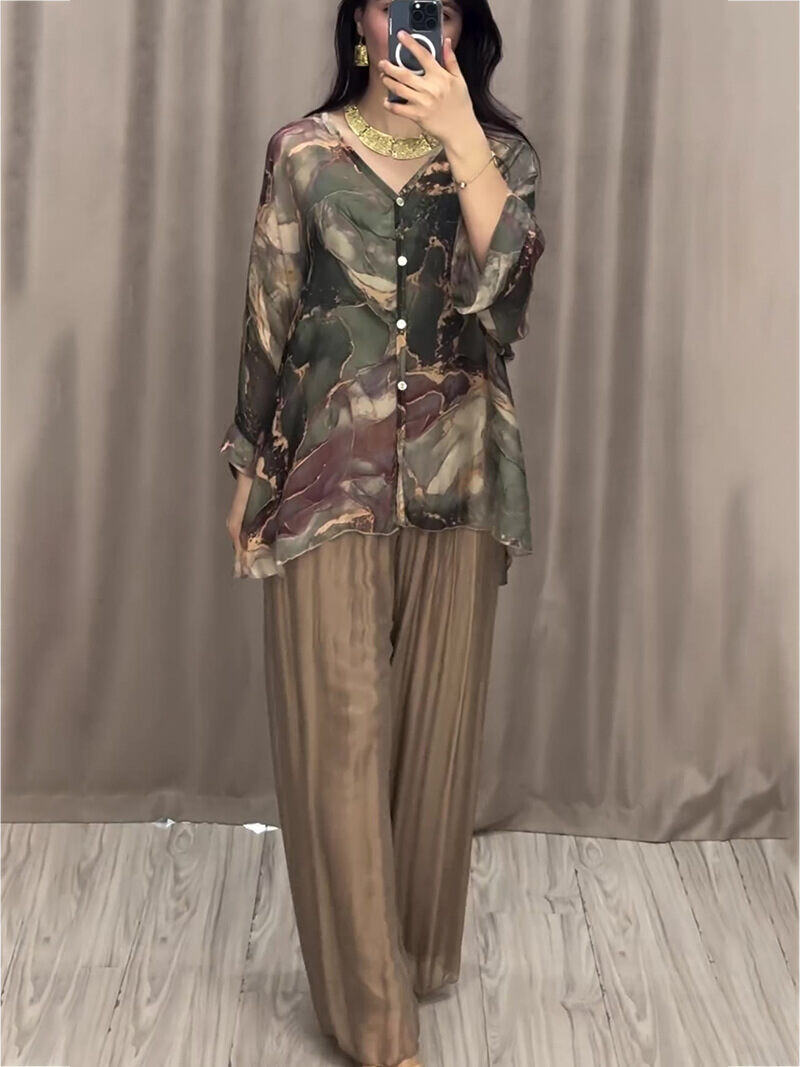 Moda primavera nova camisa impressa pintada à mão top calças de pernas largas conjunto de duas peças para mulheres