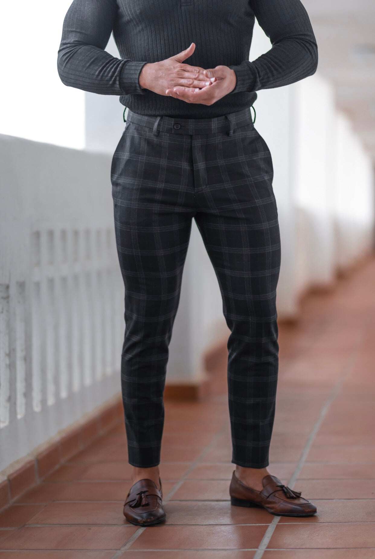 Father Sons Slim Formal Large Charcoal Check Stretch Trousers - FST007