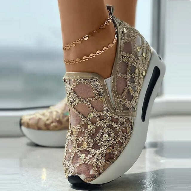 Sapatos femininos casuais de verão com lantejoulas e cunha