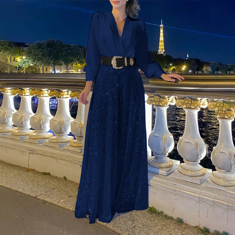 2024 vestidos femininos primavera outono premium decote em v manga comprida elegante cintura lantejoulas vestido francês