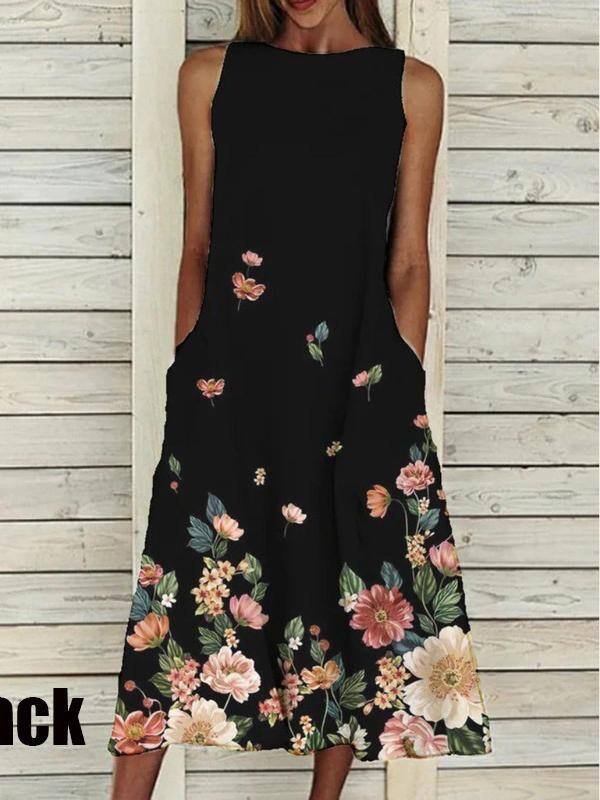 Ležérní véčkový výstřih bez rukávů a maxi šaty s květinovým vzorem