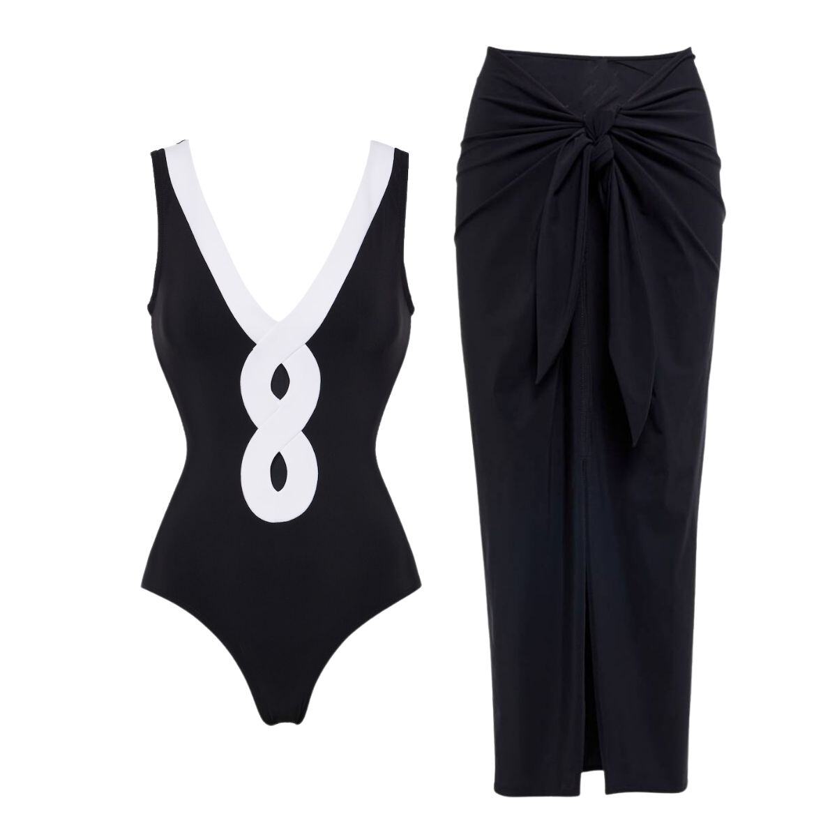 Cutout V Neck Color Block One Piece Swimsuit And Sarong