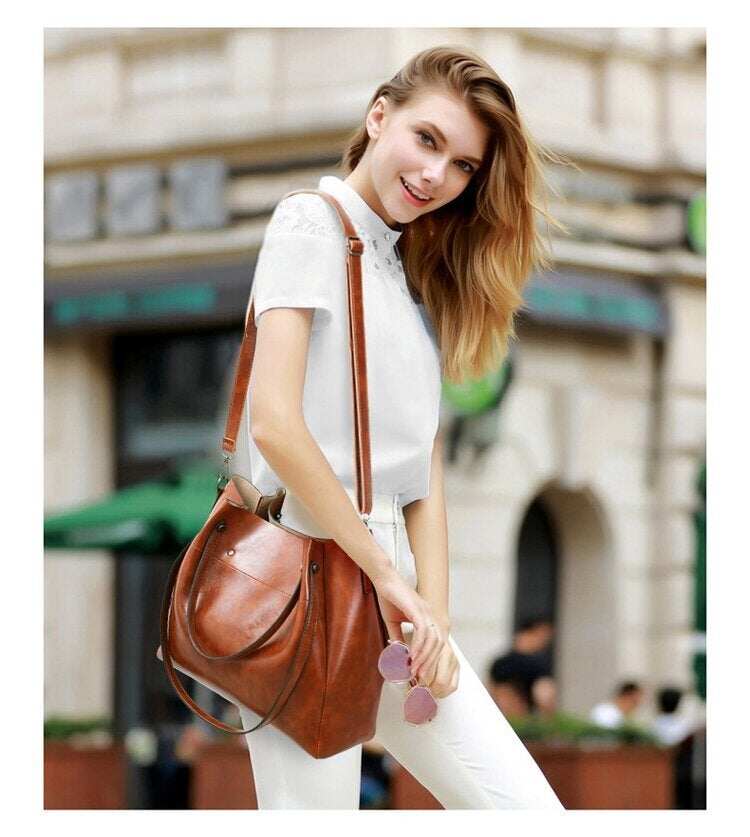 Bolsa feminina retrô de quatro peças PU de grande capacidade cor sólida oblíqua ta