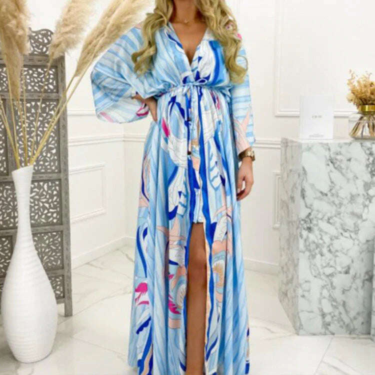 Šaty s digitálním potiskem a výstřihem do V smocked rozdělené na podlahu