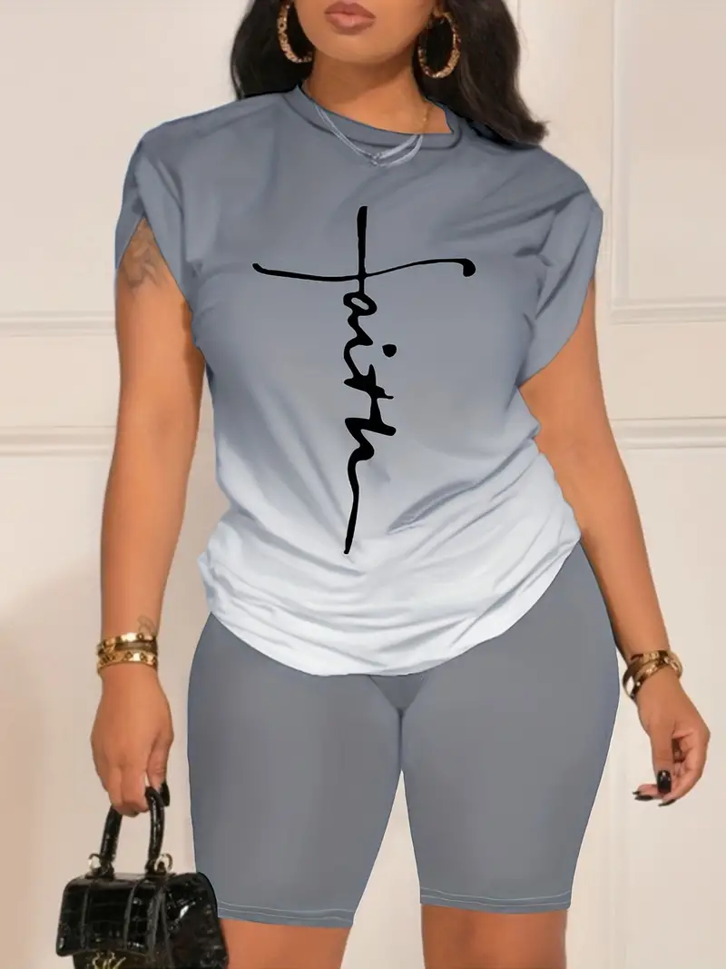 Conjunto casual de duas peças com estampa de letras laranja, gola redonda, manga curta