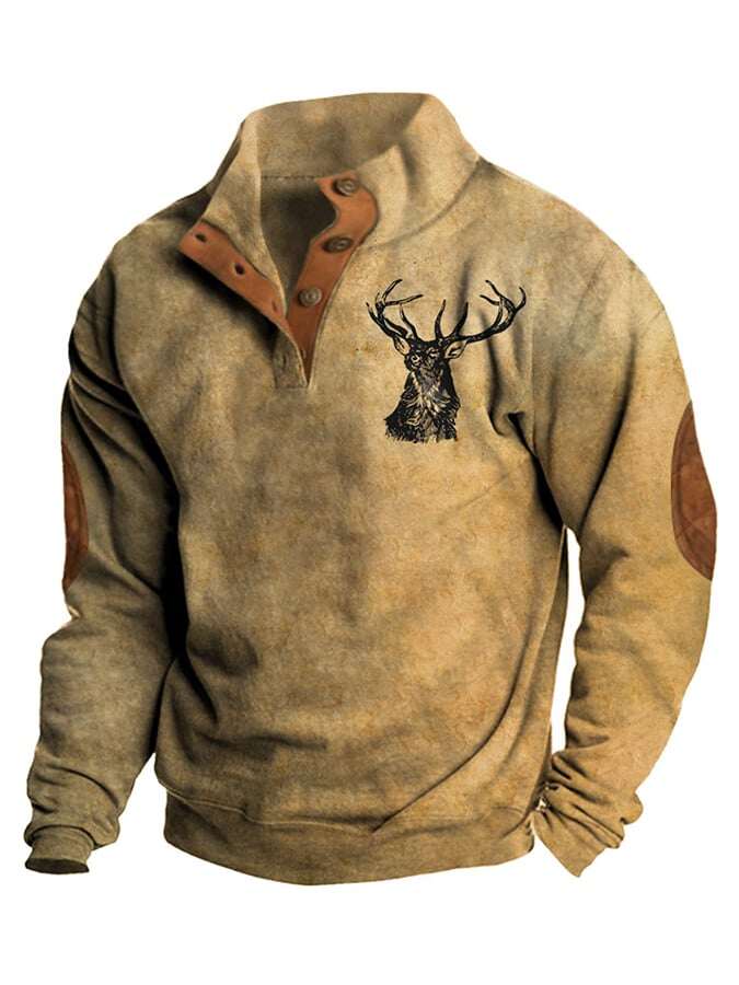 Moletom masculino estilo ocidental com gola alta e botão
