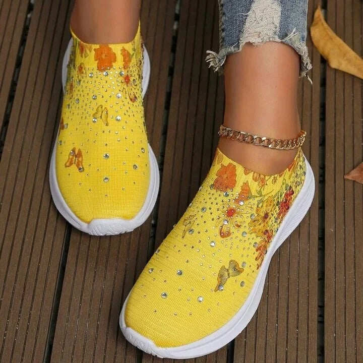MEIAS FEMININAS COM STRASS E FLORES, CALÇADOS ESPORTIVOS CONFORTÁVEIS