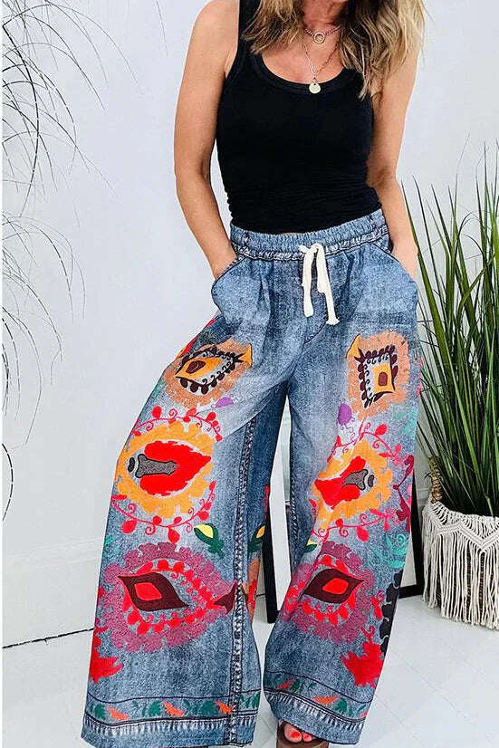 Hippie Floral Print Jeans Cintura Elástica Perna Larga