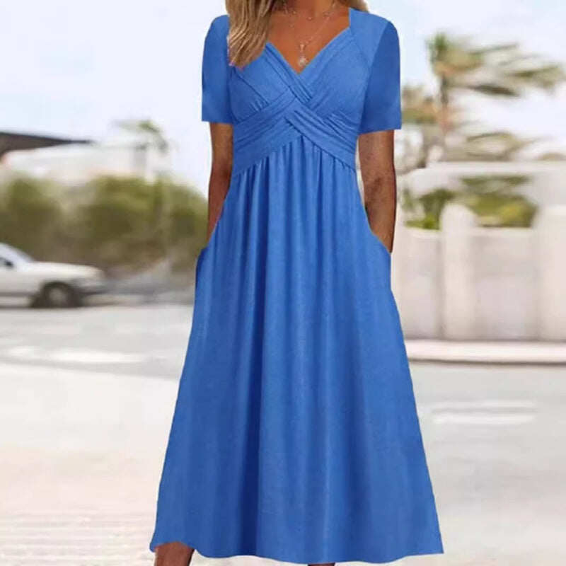 Vestidos de mulher de manga curta e decote em V