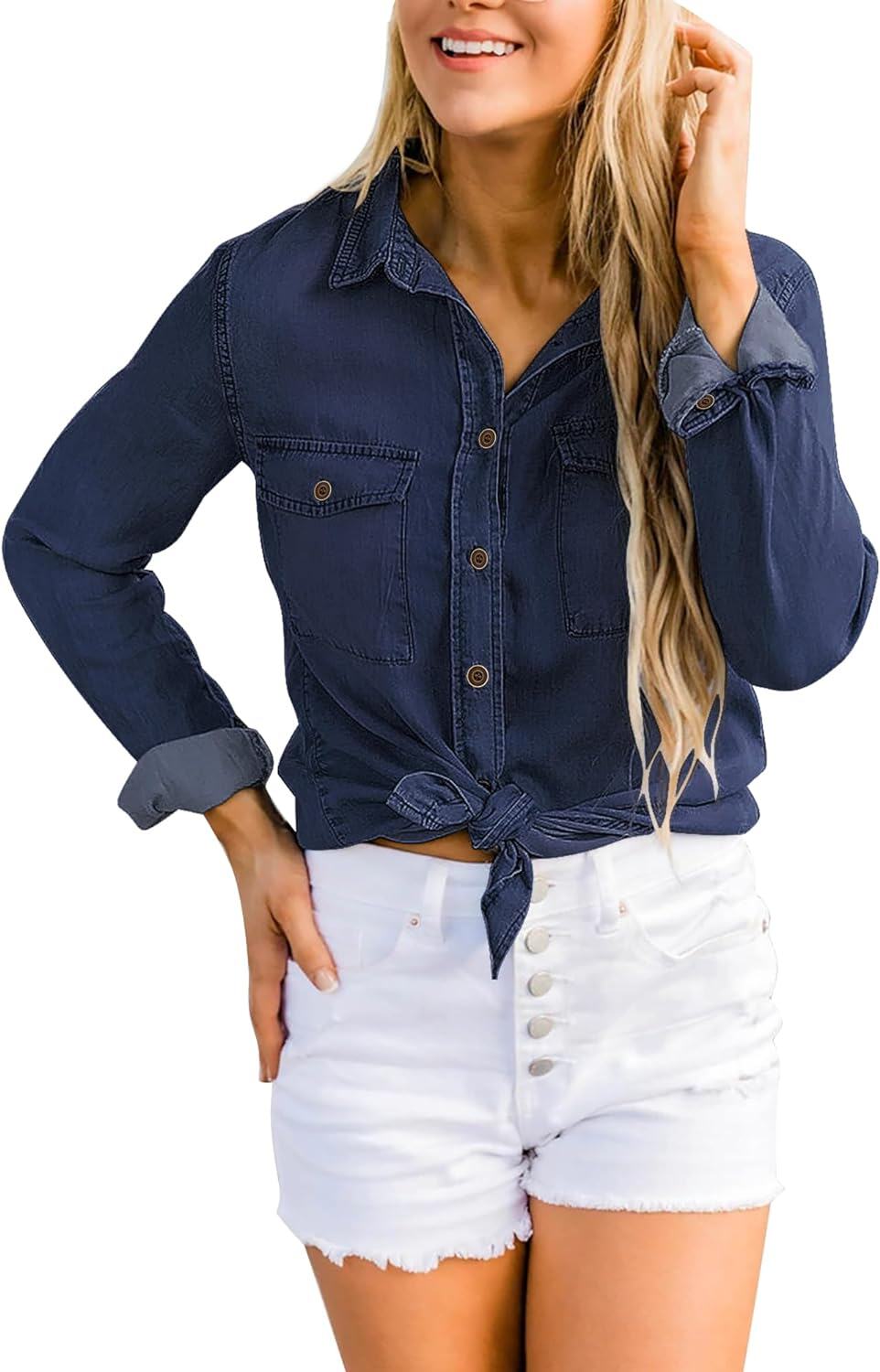 luvamia farmer ing Női Chambray Jean Western Shirts Hosszú ujjú gombos felsők
