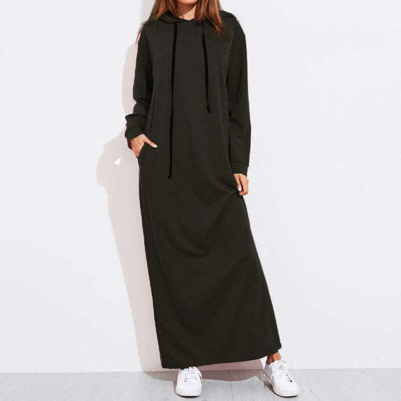 Vestido feminino de moletom de manga comprida com capuz
