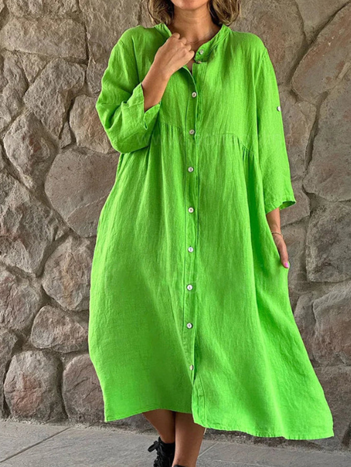 Casual Plain Stand Collar 3/4 Sleeve Single Breasted Midi Dress