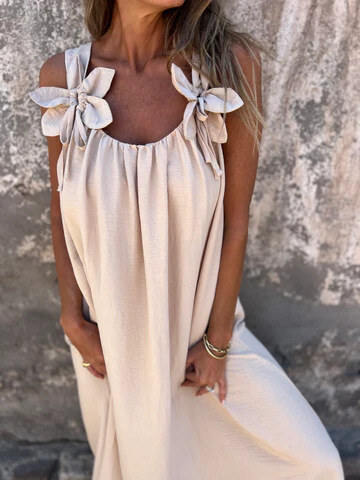 💕Vestido feminino em cor sólida com estampa floral e decote em U