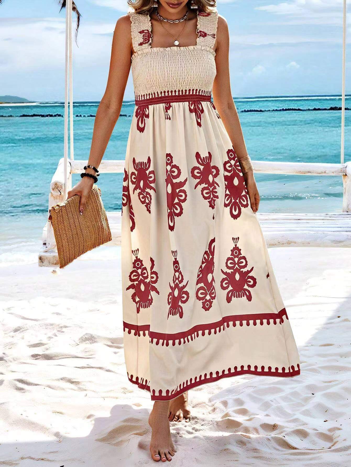 Vestido midi feminino estilo resort estampado com frente cruzada